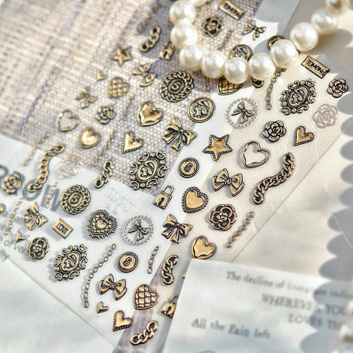 3D Retro Gold Silver Butterfly Heart Lock Key Nail Stickers MS893