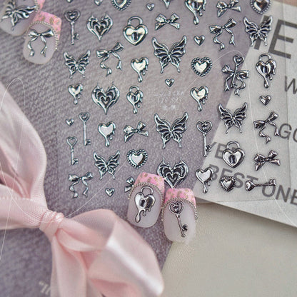 3D Retro Gold Silver Butterfly Heart Lock Key Nail Stickers MS893
