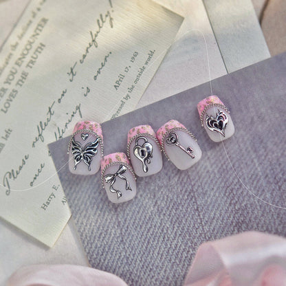 3D Retro Gold Silver Butterfly Heart Lock Key Nail Stickers MS893