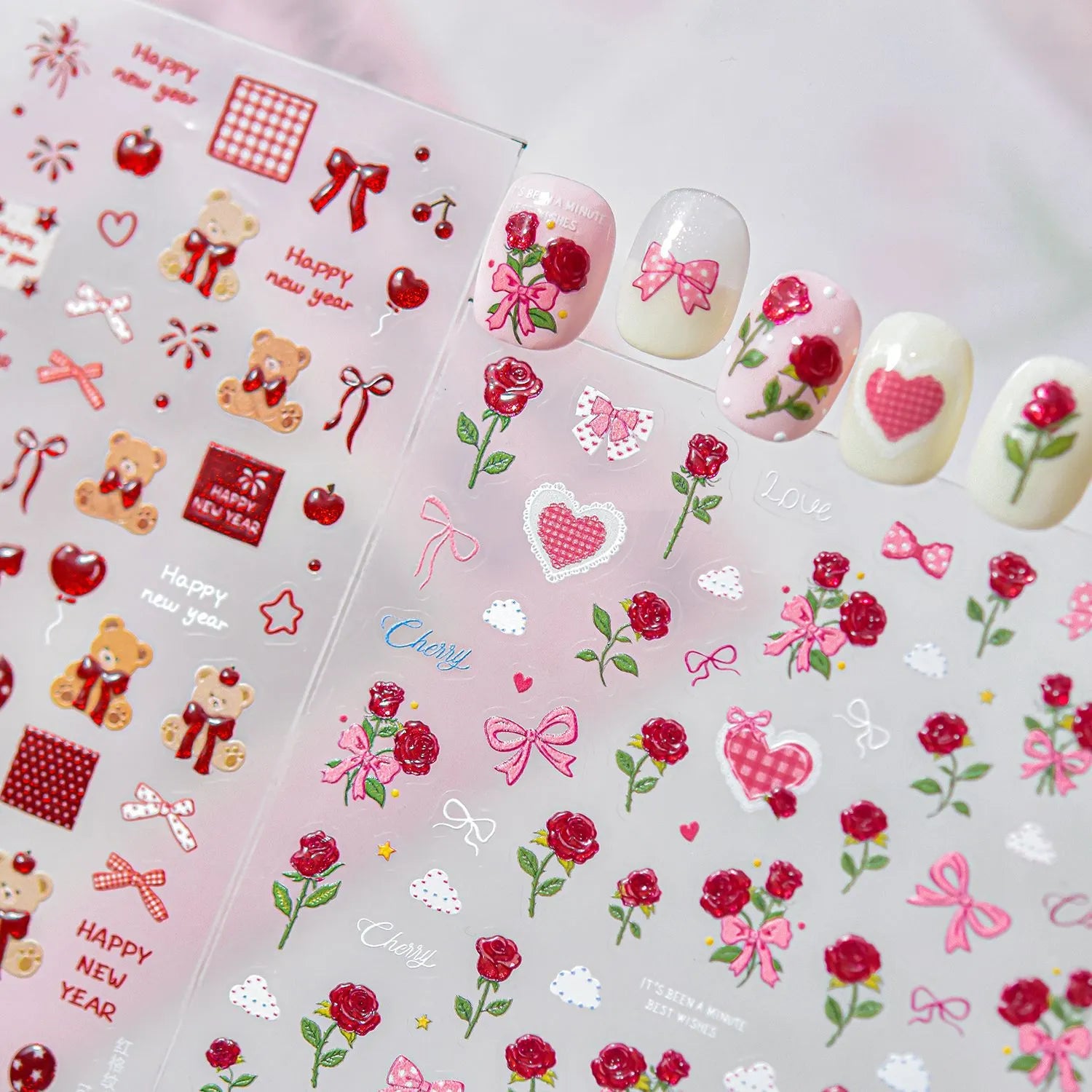 3D Rose Bear & Bow Nail Stickers - Valentine Nails Art 