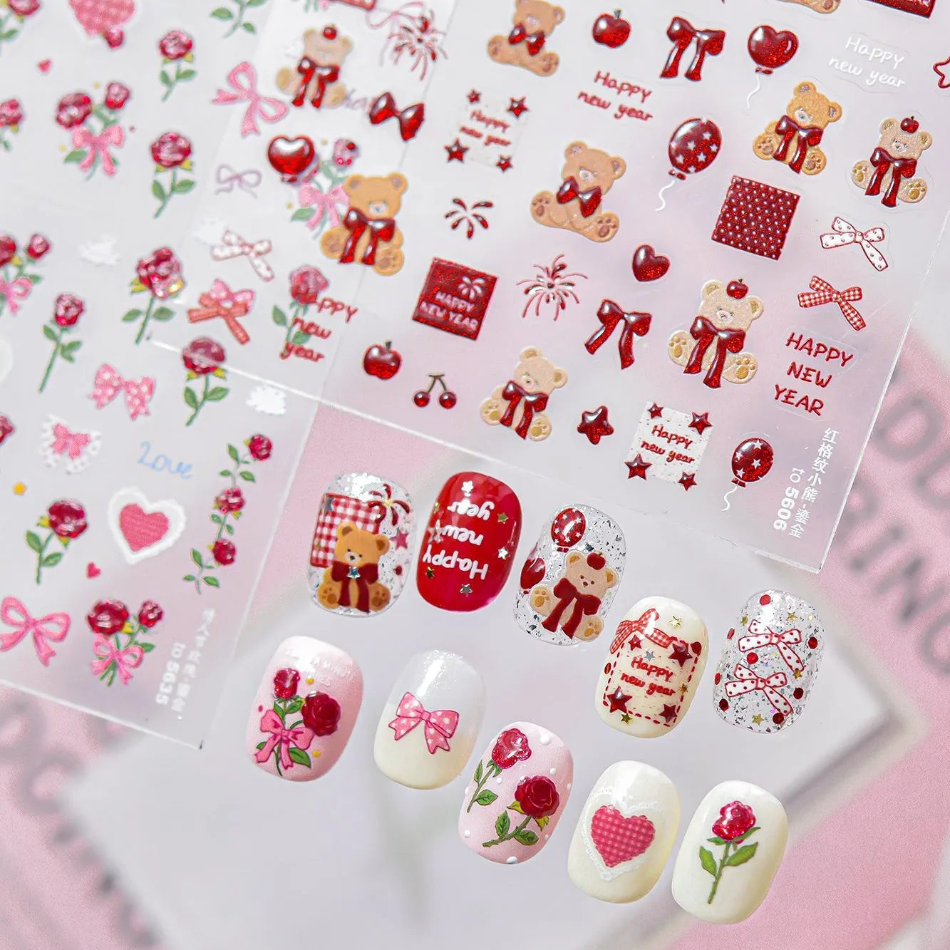 3D Rose Bear & Bow Nail Stickers - Valentine Nails Art 