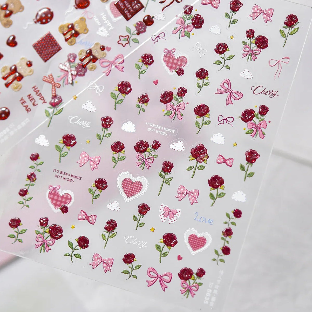 3D Rose Bear & Bow Nail Stickers - Valentine Nails Art 