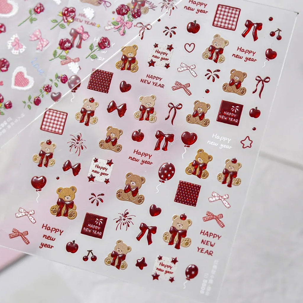 3D Rose Bear & Bow Nail Stickers - Valentine Nails Art 