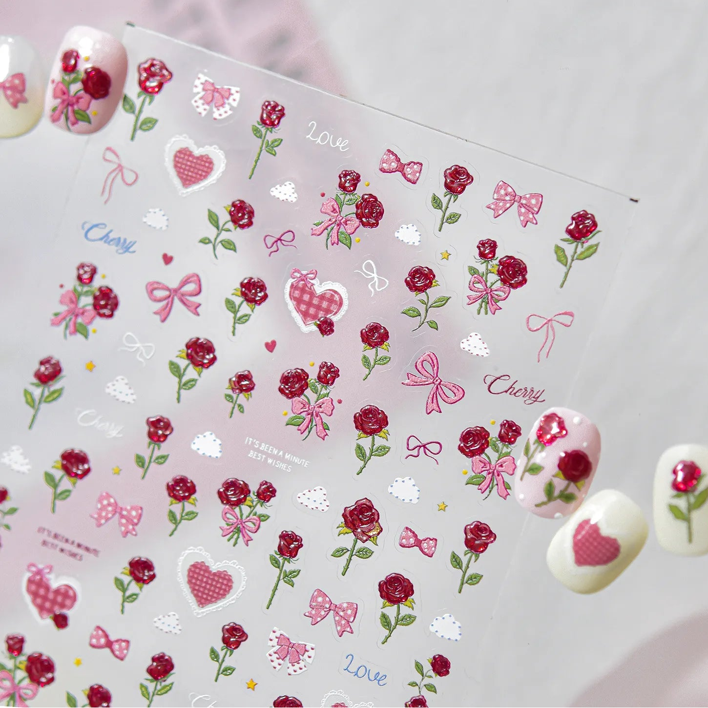 3D Rose Bear & Bow Nail Stickers - Valentine Nails Art 
