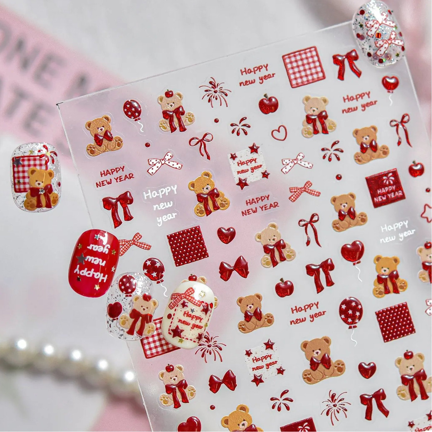 3D Rose Bear & Bow Nail Stickers - Valentine Nails Art 