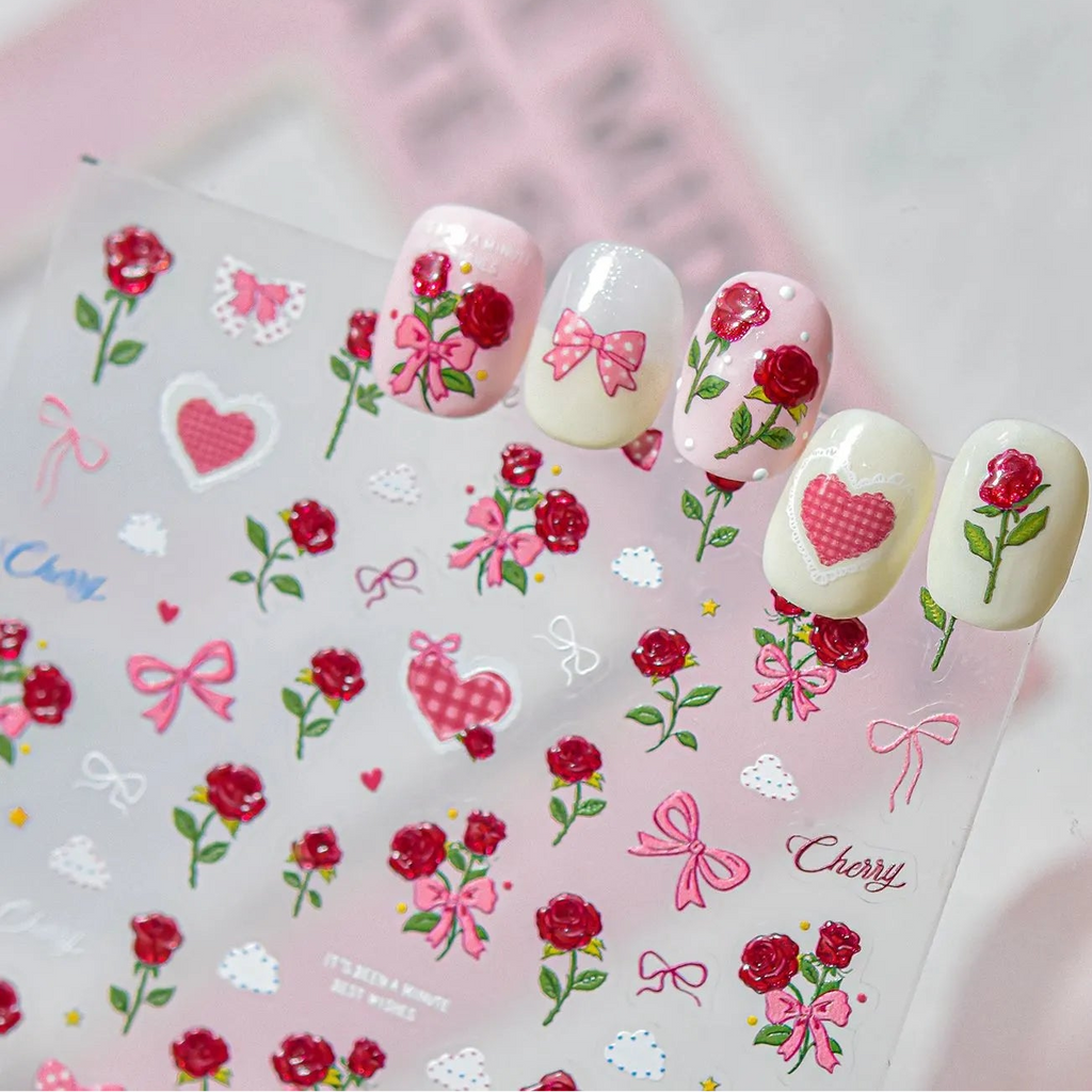 3D Rose Bear & Bow Nail Stickers - Valentine Nails Art 