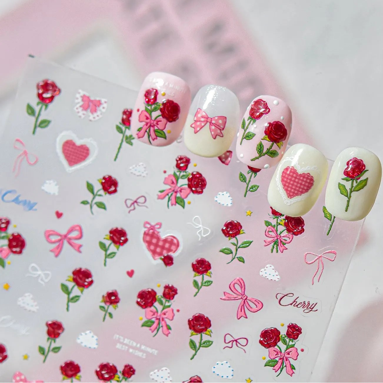 3D Rose Bear & Bow Nail Stickers - Valentine Nails Art 