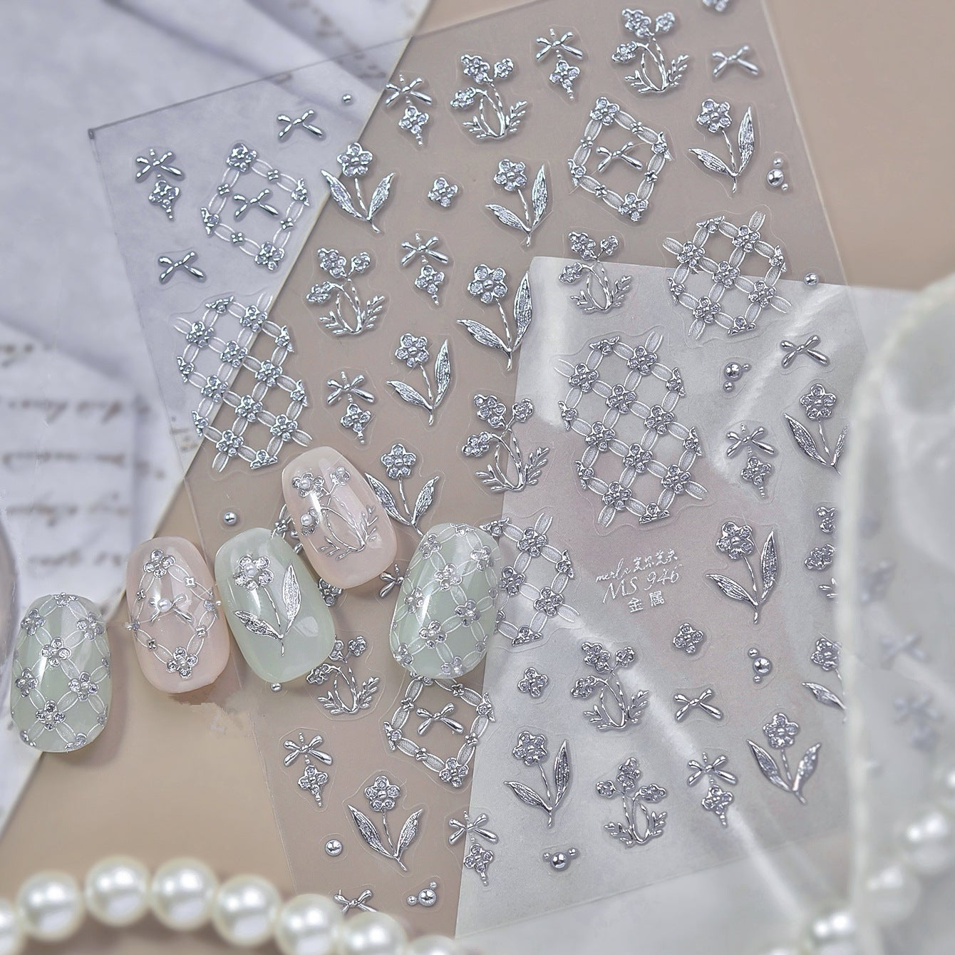 3D Silver Coquette Bow & Floral Embossed Nail Stickers