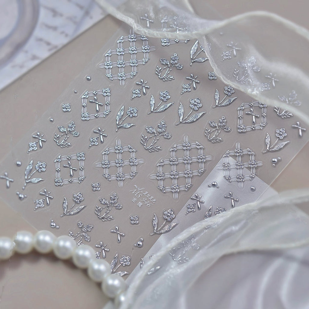 3D Silver Coquette Bow & Floral Embossed Nail Stickers