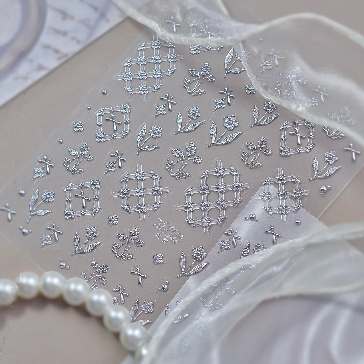 3D Silver Coquette Bow & Floral Embossed Nail Stickers