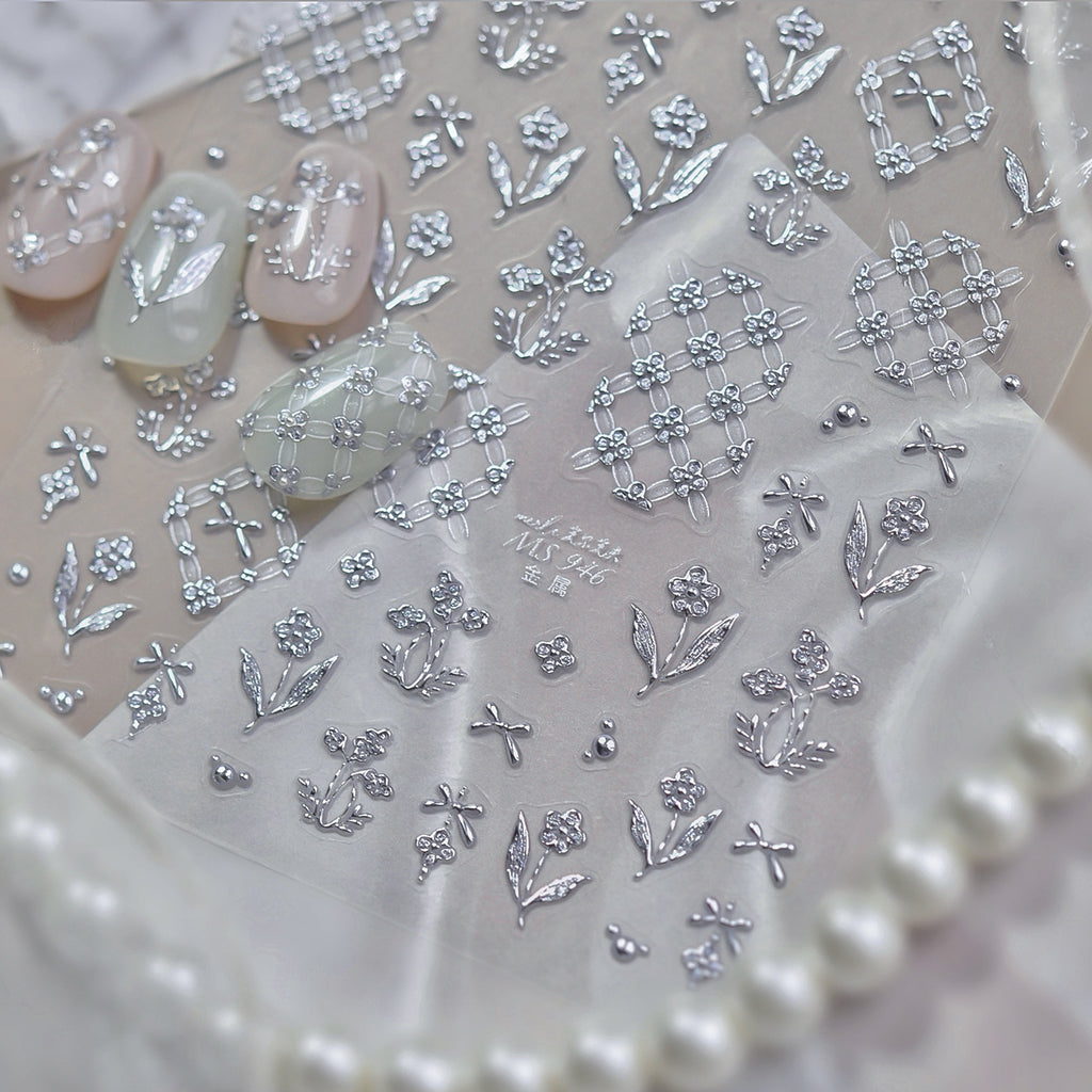 3D Silver Coquette Bow & Floral Embossed Nail Stickers
