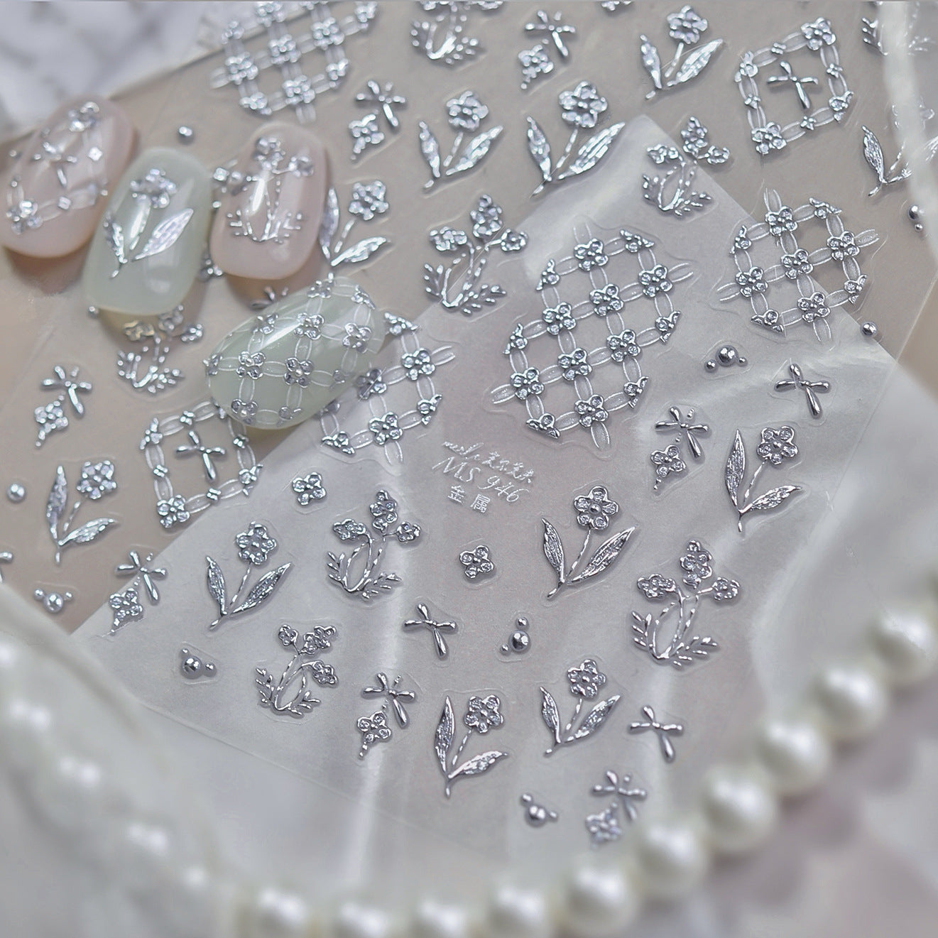 3D Silver Coquette Bow & Floral Embossed Nail Stickers