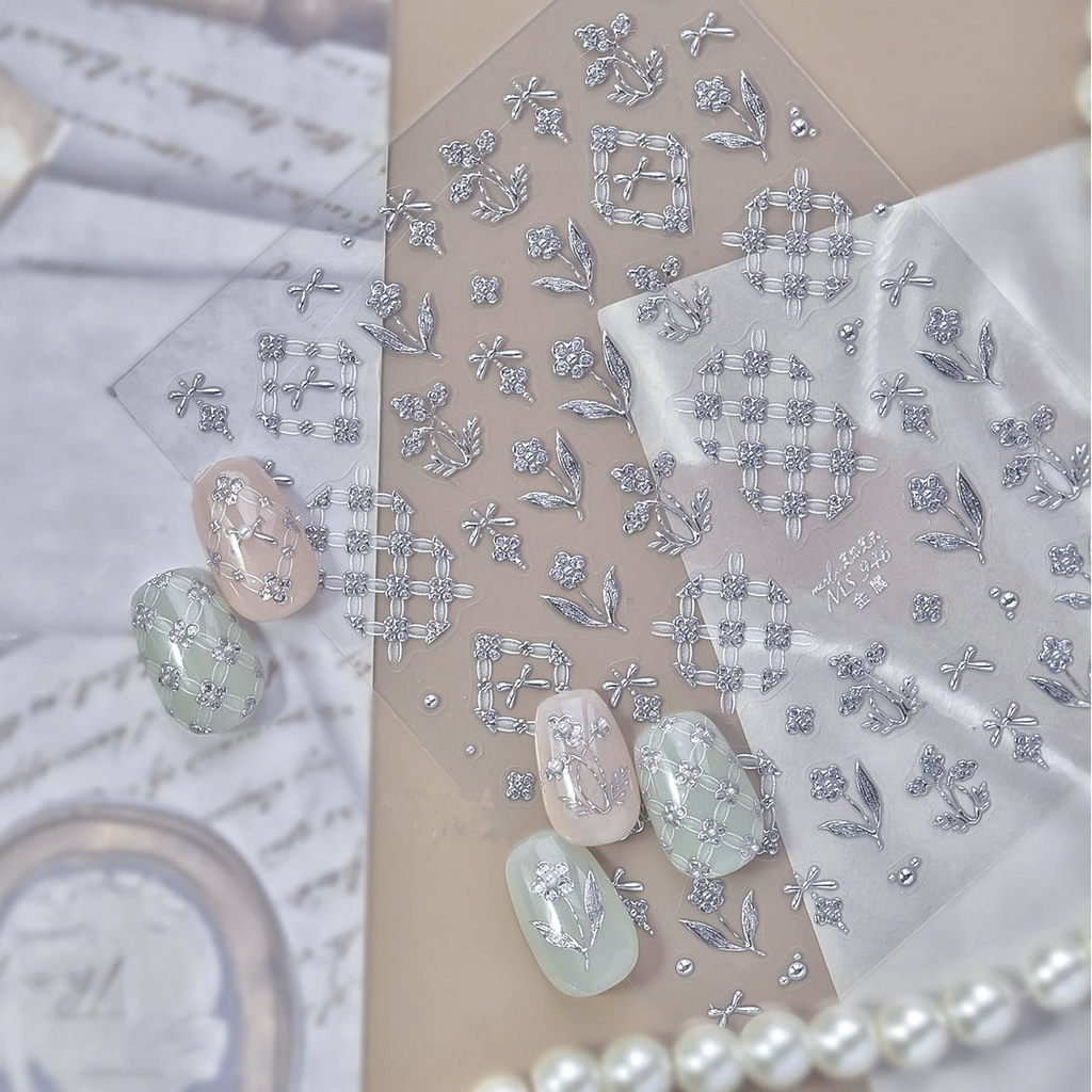 3D Silver Coquette Bow & Floral Embossed Nail Stickers