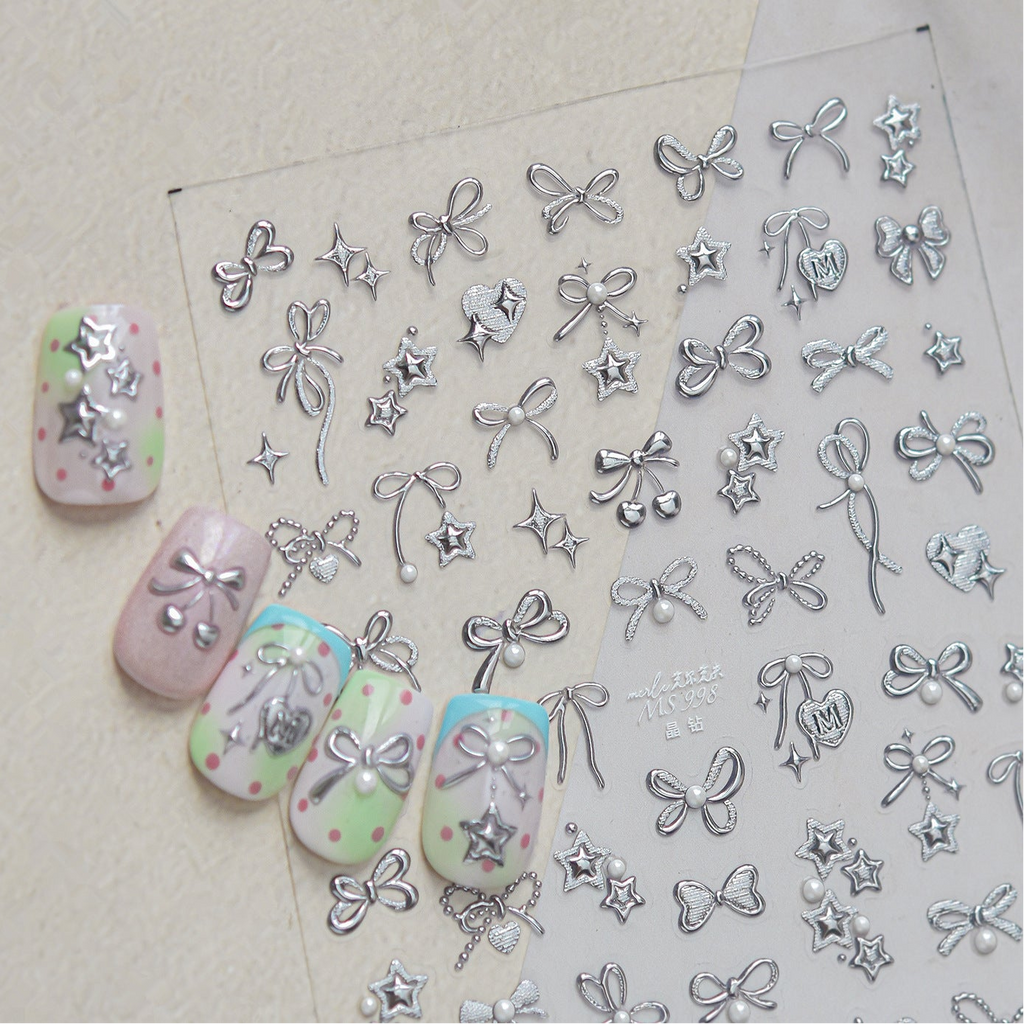 3D Silver Metallic Coquette Bow Nail Stickers - Chrome Star & Cherry Decals