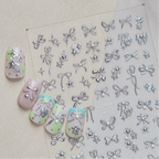 3D Silver Metallic Coquette Bow Nail Stickers - Chrome Star & Cherry Decals