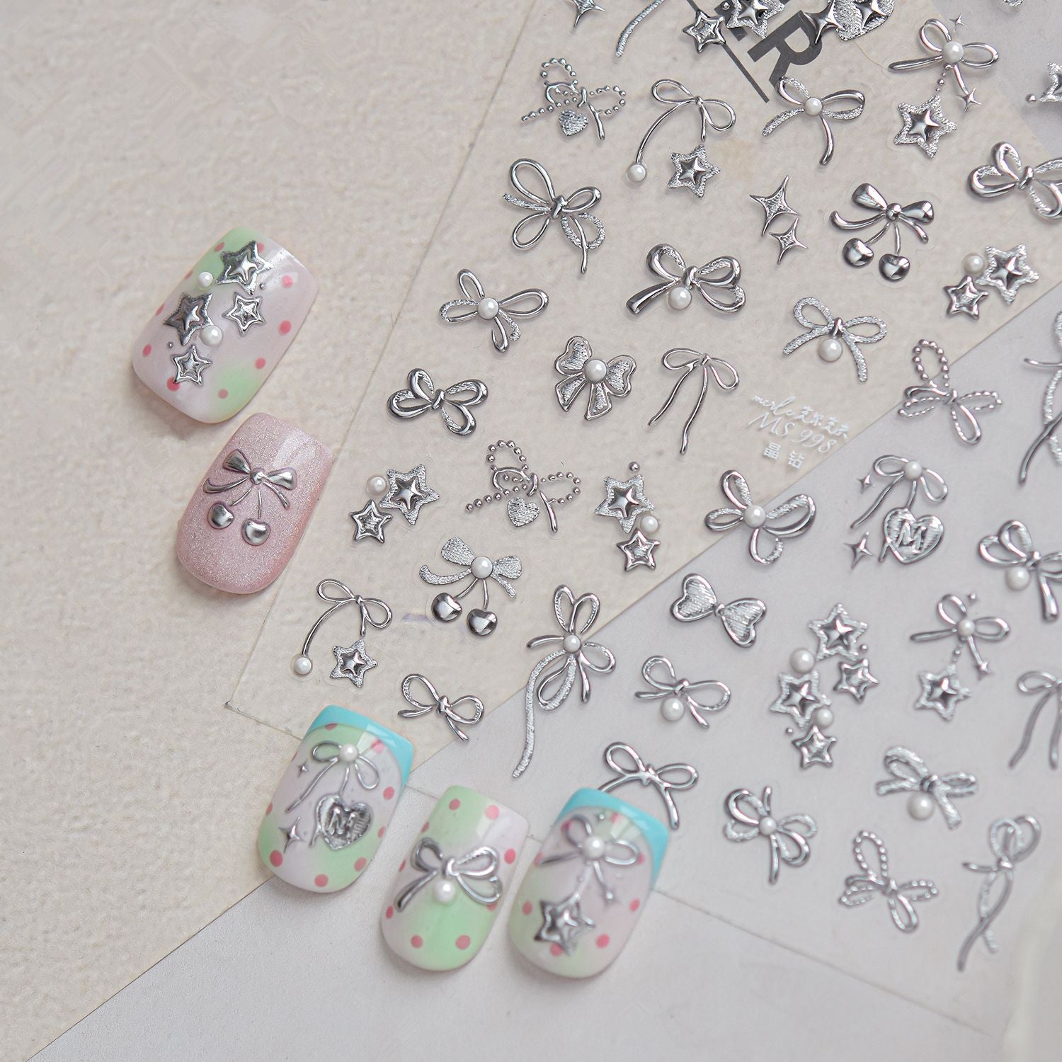 3D Silver Metallic Coquette Bow Nail Stickers - Chrome Star & Cherry Decals