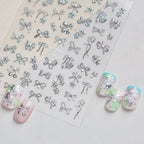 3D Silver Metallic Coquette Bow Nail Stickers - Chrome Star & Cherry Decals