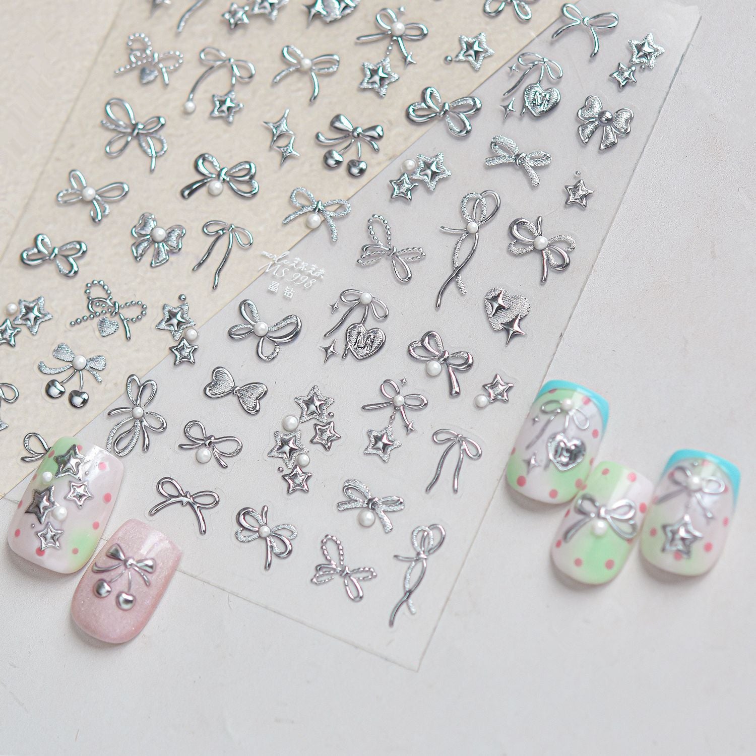 3D Silver Metallic Coquette Bow Nail Stickers - Chrome Star & Cherry Decals