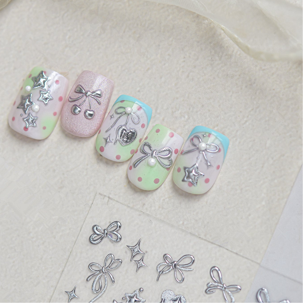 3D Silver Metallic Coquette Bow Nail Stickers - Chrome Star & Cherry Decals