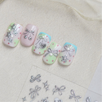 3D Silver Metallic Coquette Bow Nail Stickers - Chrome Star & Cherry Decals