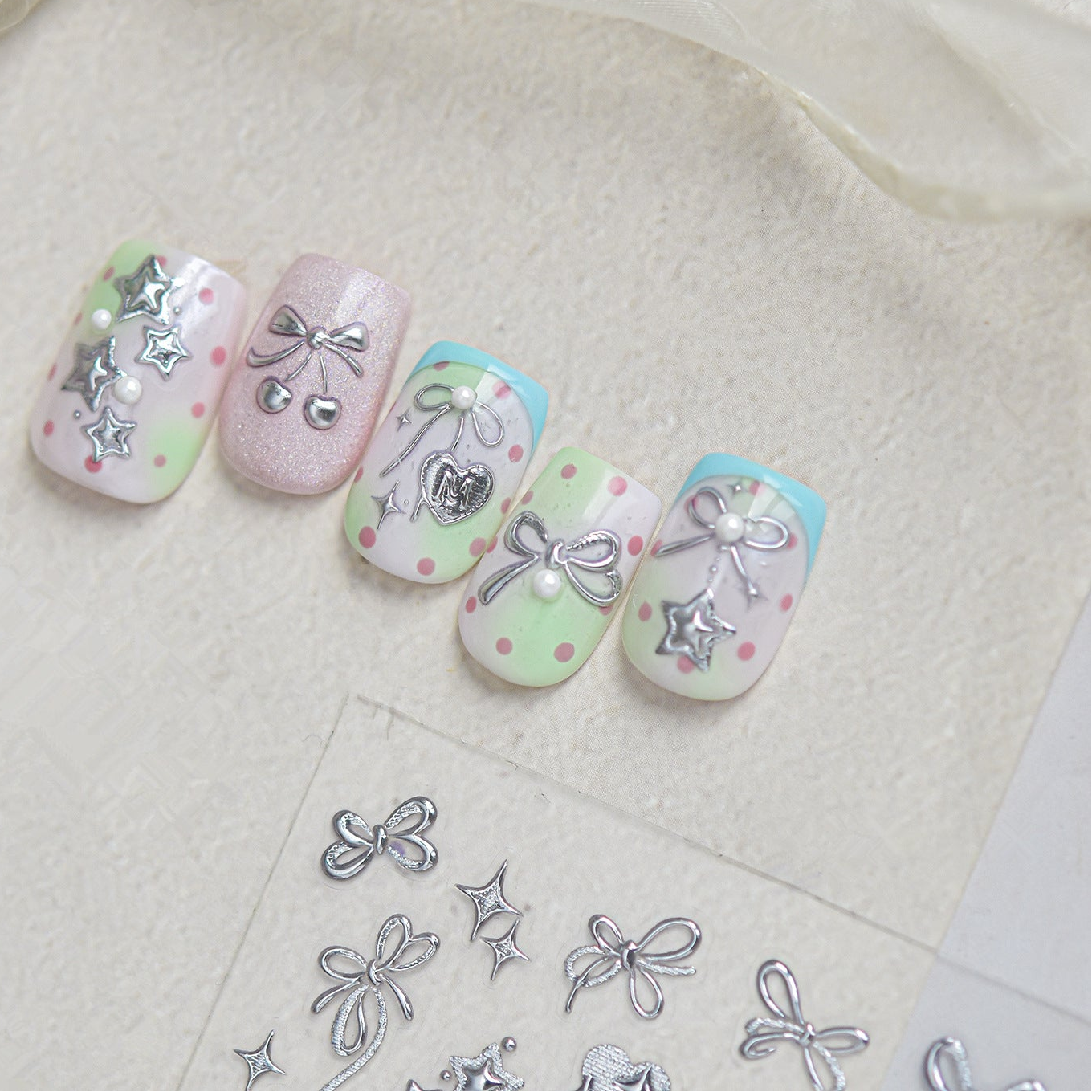 3D Silver Metallic Coquette Bow Nail Stickers - Chrome Star & Cherry Decals