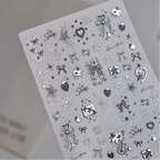 3D Silver Metallic Coquette Bow Nail Stickers - Chrome Star & Cherry Decals