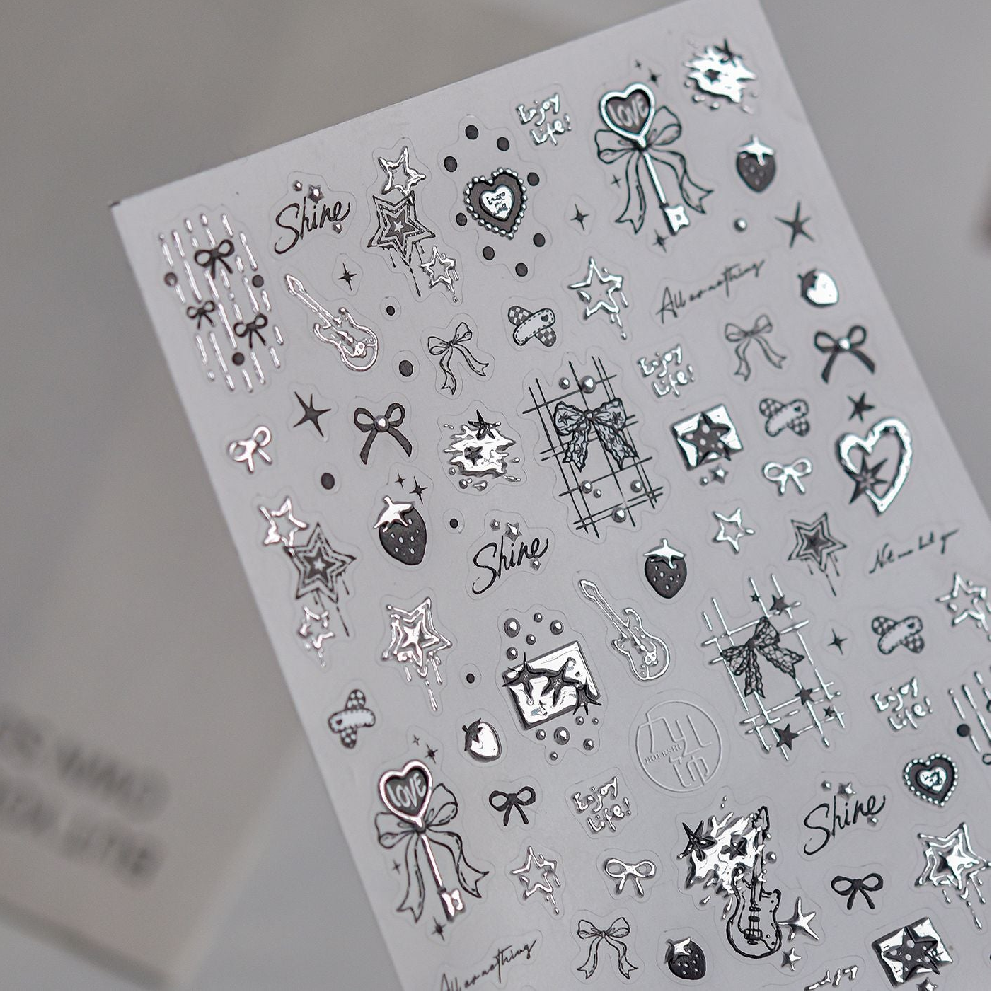 3D Silver Metallic Coquette Bow Nail Stickers - Chrome Star & Cherry Decals