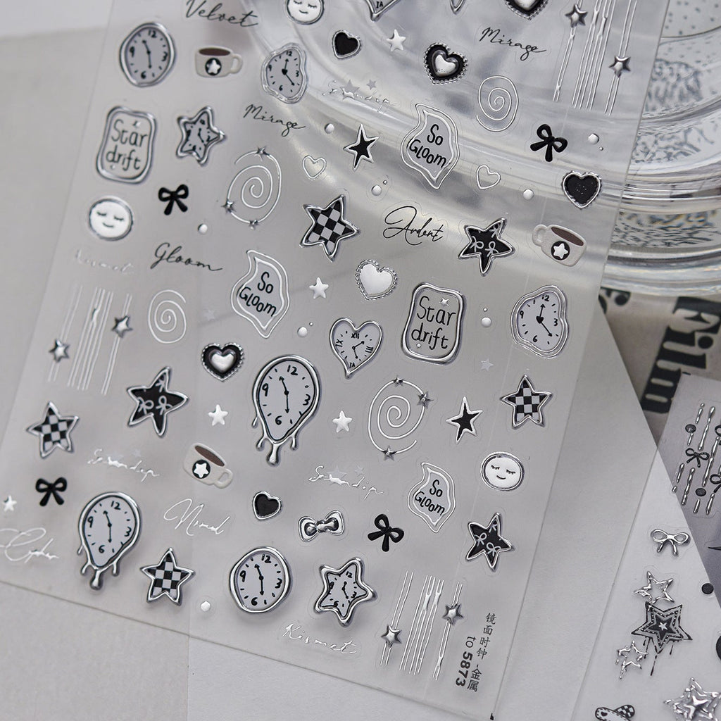 3D Silver Metallic Coquette Bow Nail Stickers - Chrome Star & Cherry Decals