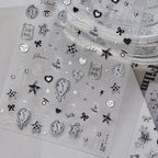 3D Silver Metallic Coquette Bow Nail Stickers - Chrome Star & Cherry Decals