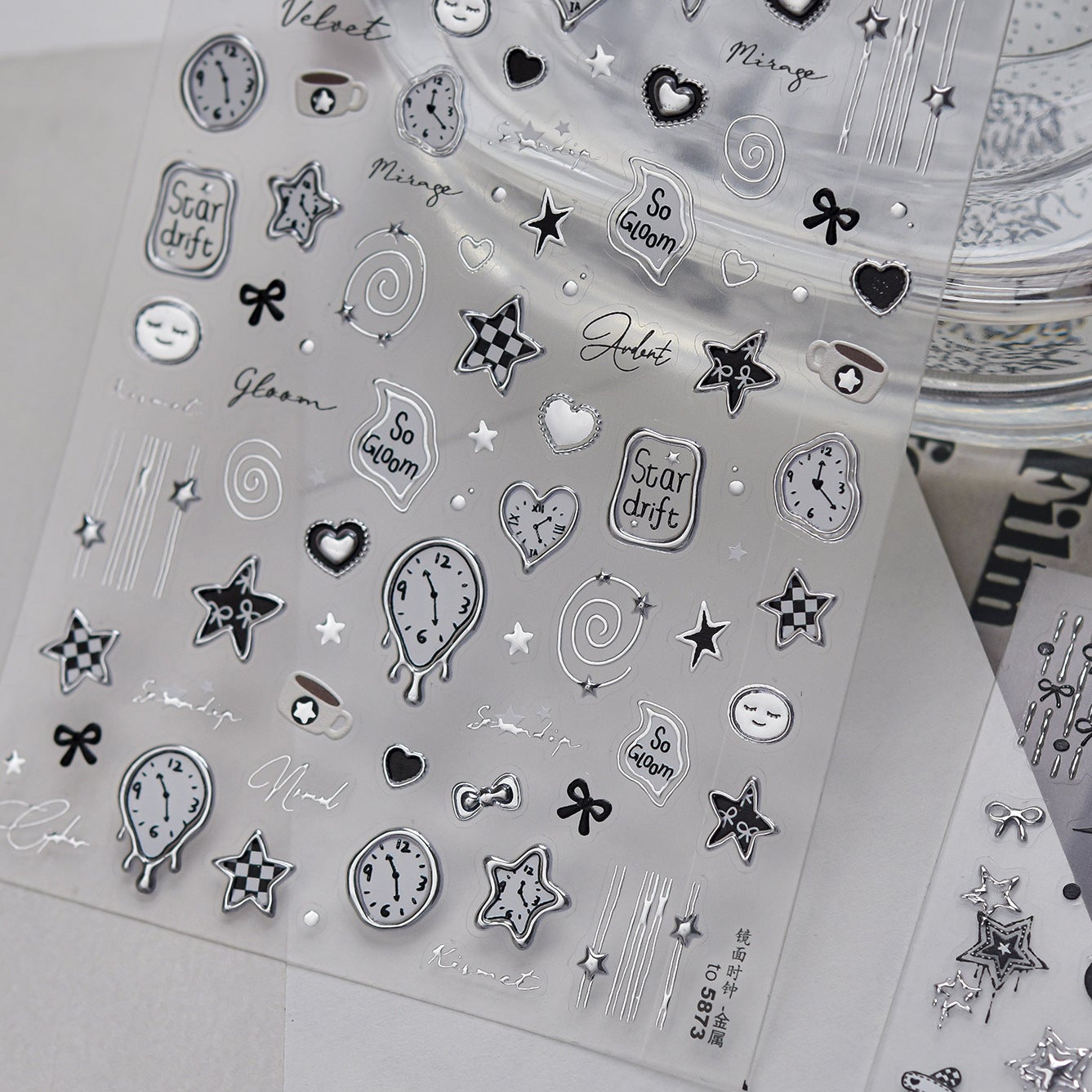 3D Silver Metallic Coquette Bow Nail Stickers - Chrome Star & Cherry Decals