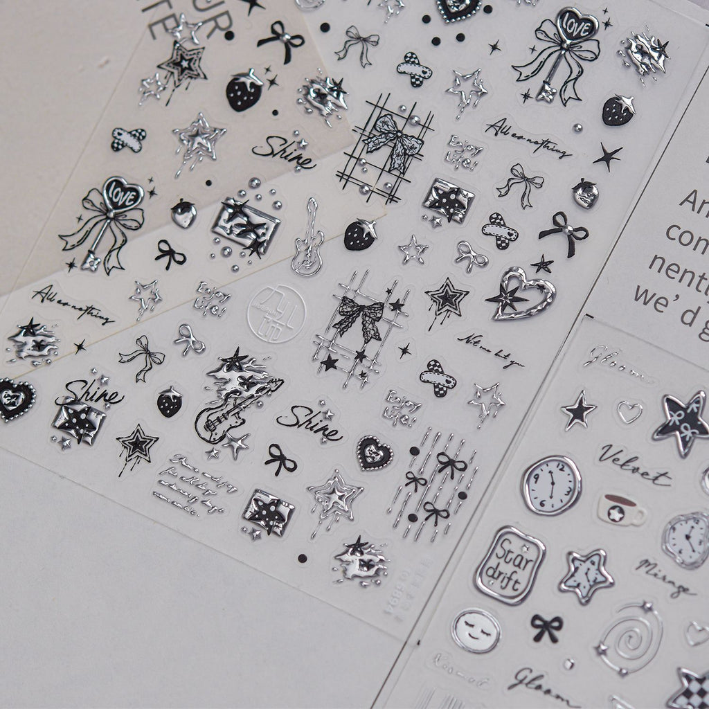 3D Silver Metallic Coquette Bow Nail Stickers - Chrome Star & Cherry Decals