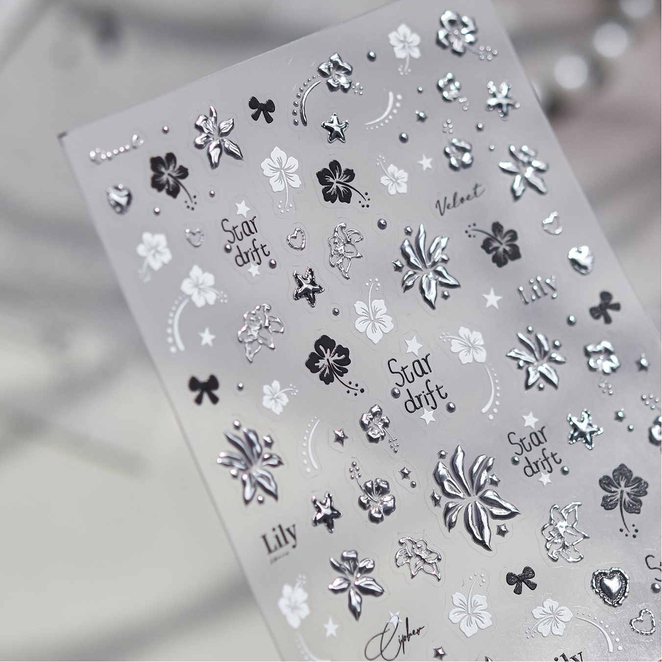3D Silver Metallic Nail Art Stickers - Y2K Cyber Gothic Flower Decals 