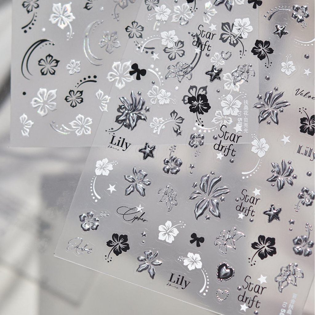 3D Silver Metallic Nail Art Stickers - Y2K Cyber Gothic Flower Decals 