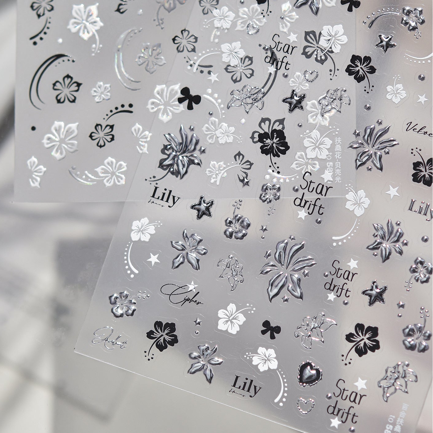 3D Silver Metallic Nail Art Stickers - Y2K Cyber Gothic Flower Decals 
