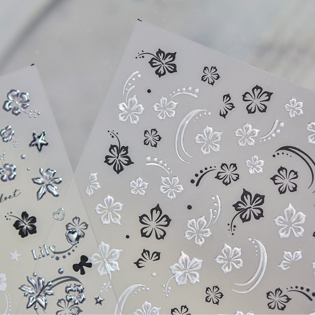 3D Silver Metallic Nail Art Stickers - Y2K Cyber Gothic Flower Decals 