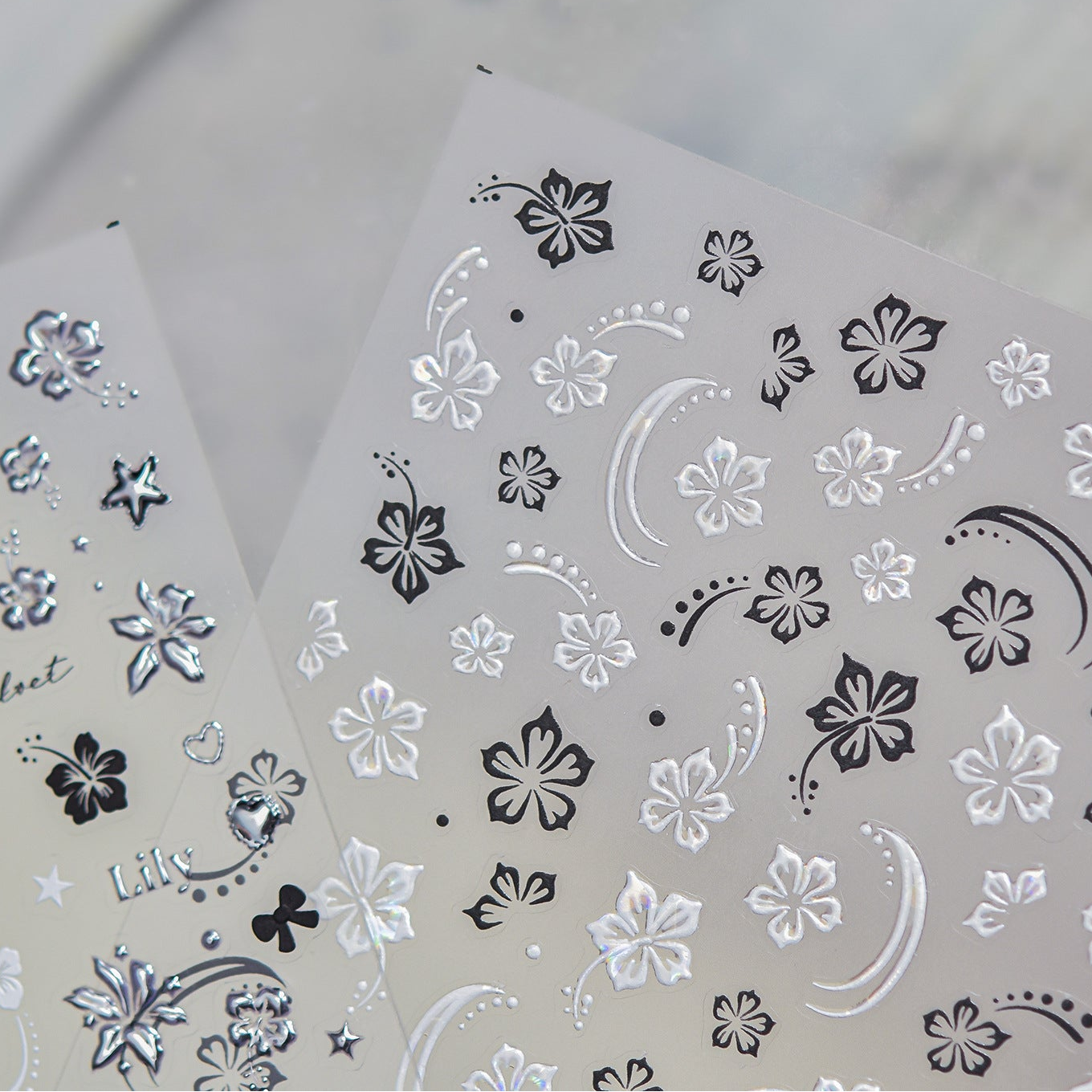 3D Silver Metallic Nail Art Stickers - Y2K Cyber Gothic Flower Decals 