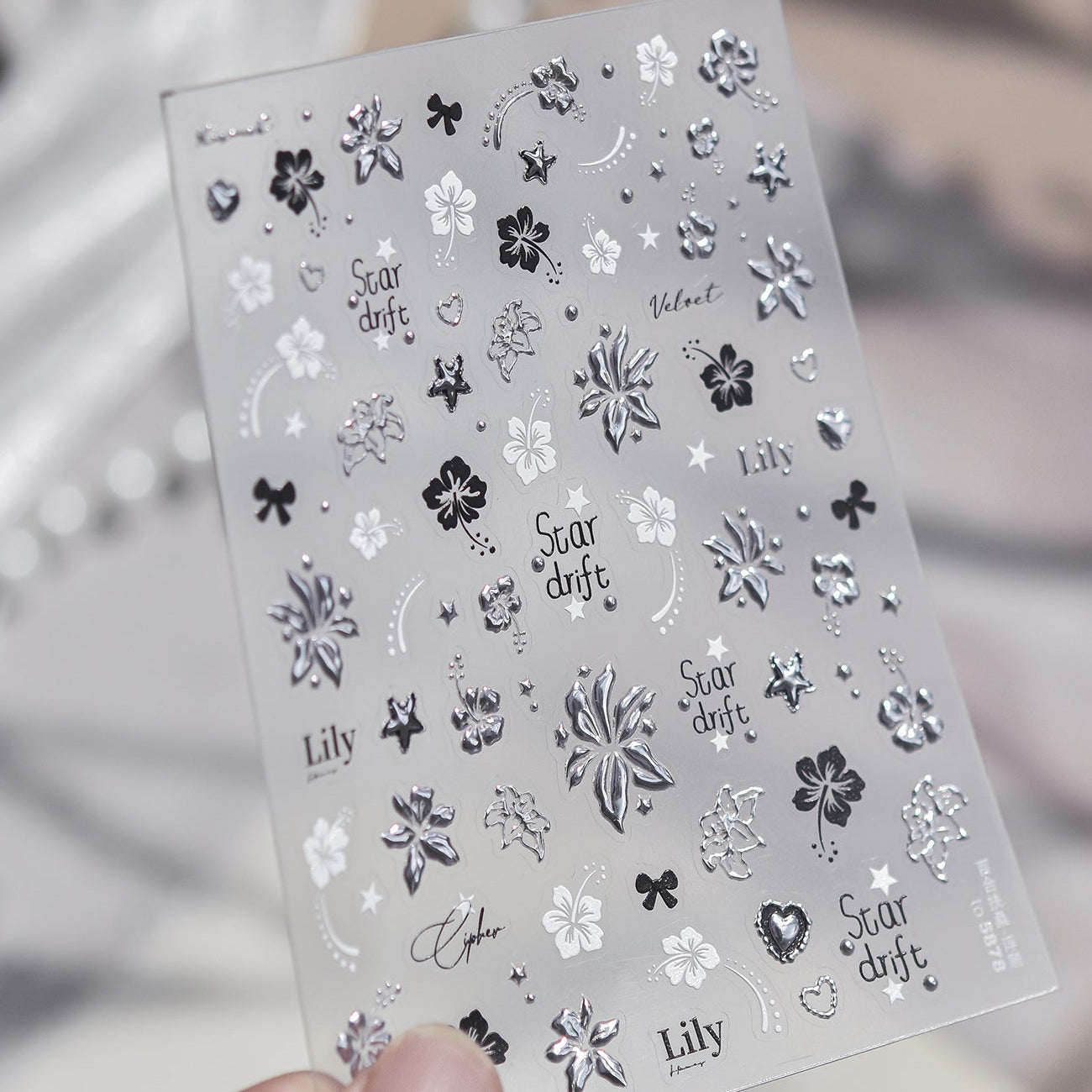 3D Silver Metallic Nail Art Stickers - Y2K Cyber Gothic Flower Decals 