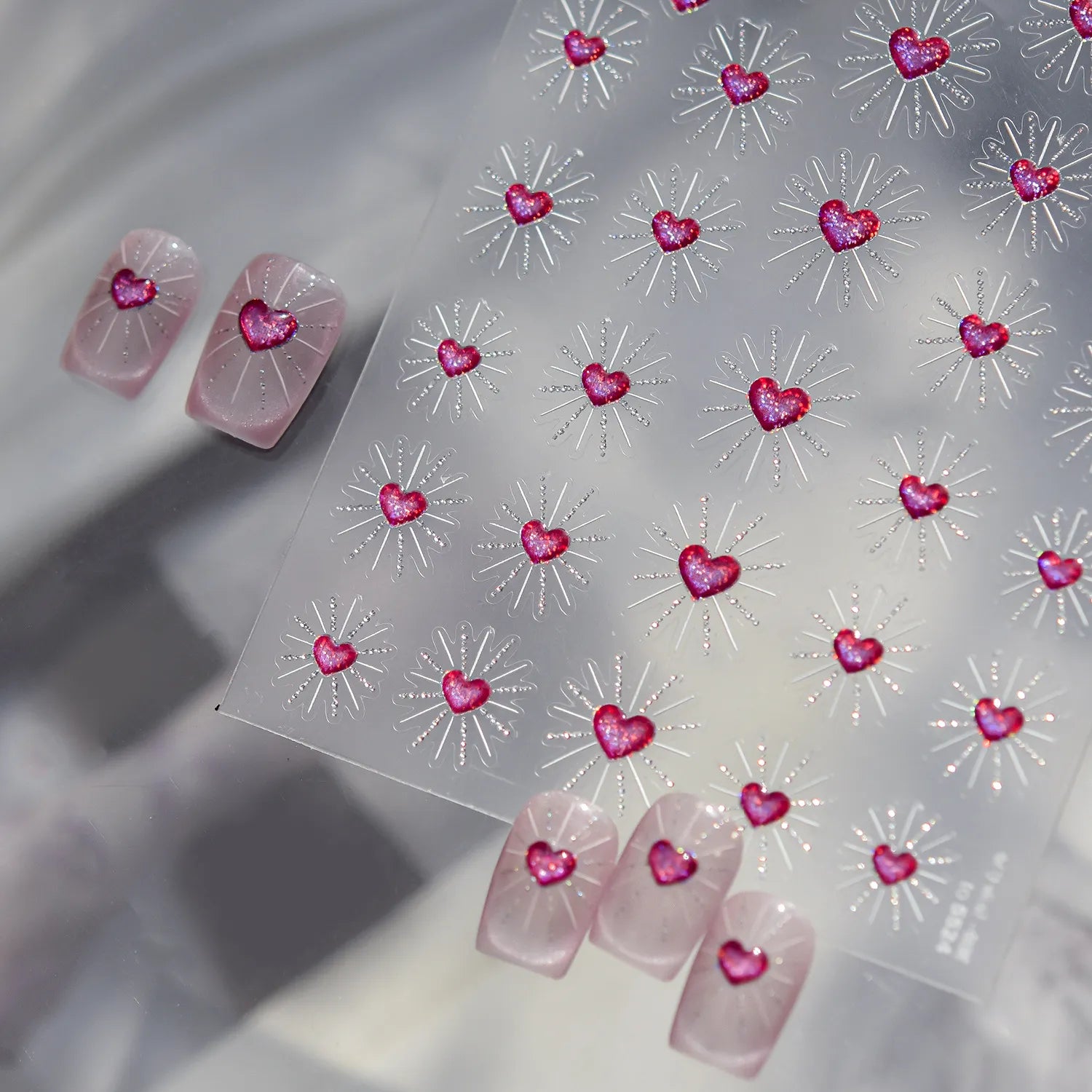 3D Starburst Heart Nail Stickers - Pink Glitter Valentine's Decals 5524