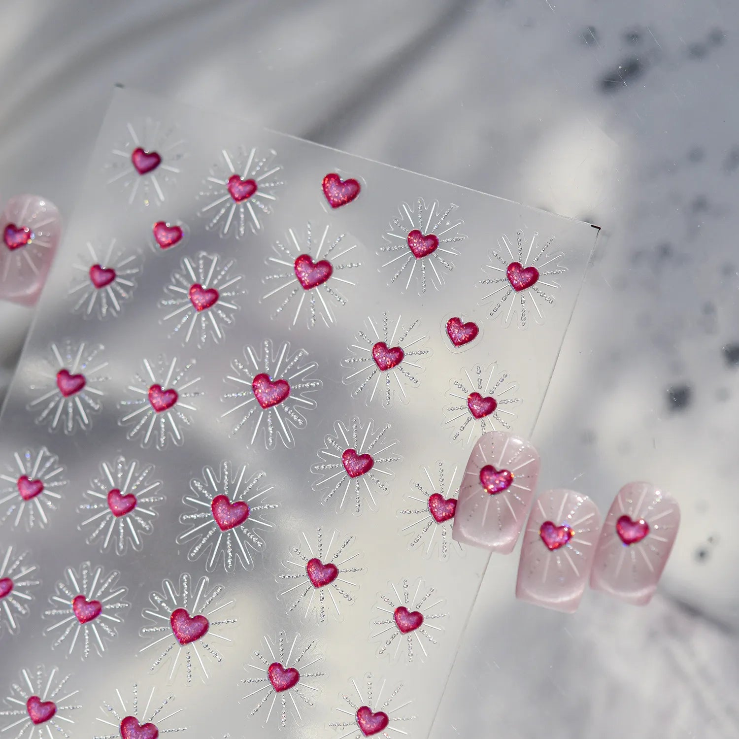 3D Starburst Heart Nail Stickers - Pink Glitter Valentine's Decals 5524