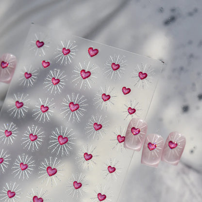 3D Starburst Heart Nail Stickers - Pink Glitter Valentine's Decals 5524