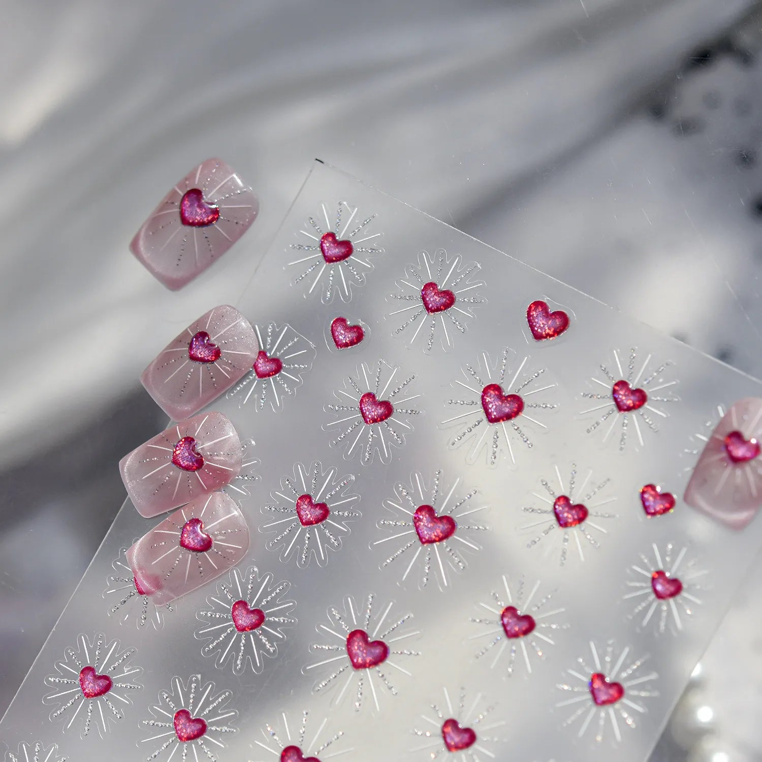 3D Starburst Heart Nail Stickers - Pink Glitter Valentine's Decals 5524