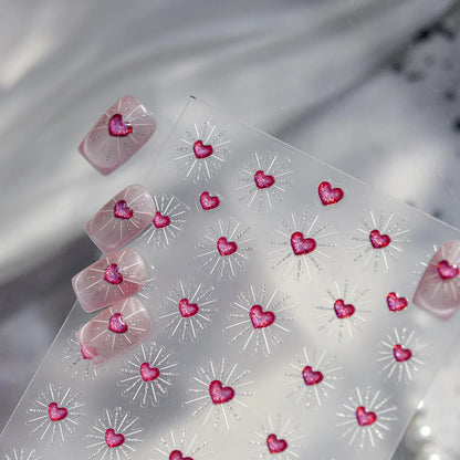 3D Starburst Heart Nail Stickers - Pink Glitter Valentine's Decals 5524