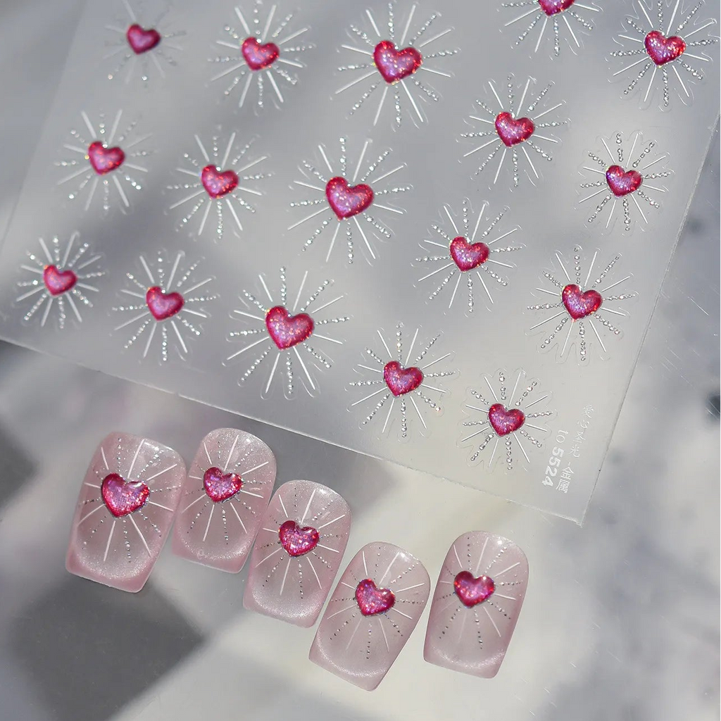 3D Starburst Heart Nail Stickers - Pink Glitter Valentine's Decals 5524