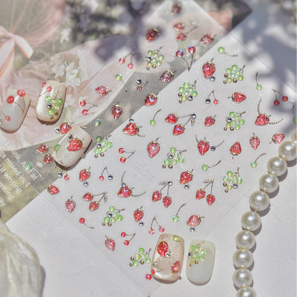 3D Strawberry Cherry Nail Stickers – Kawaii Fruit Decals 