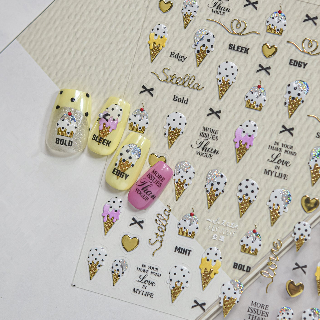 3D Summer Ice Cream & Tropical Nail Stickers - Kawaii Dessert Decals 1034