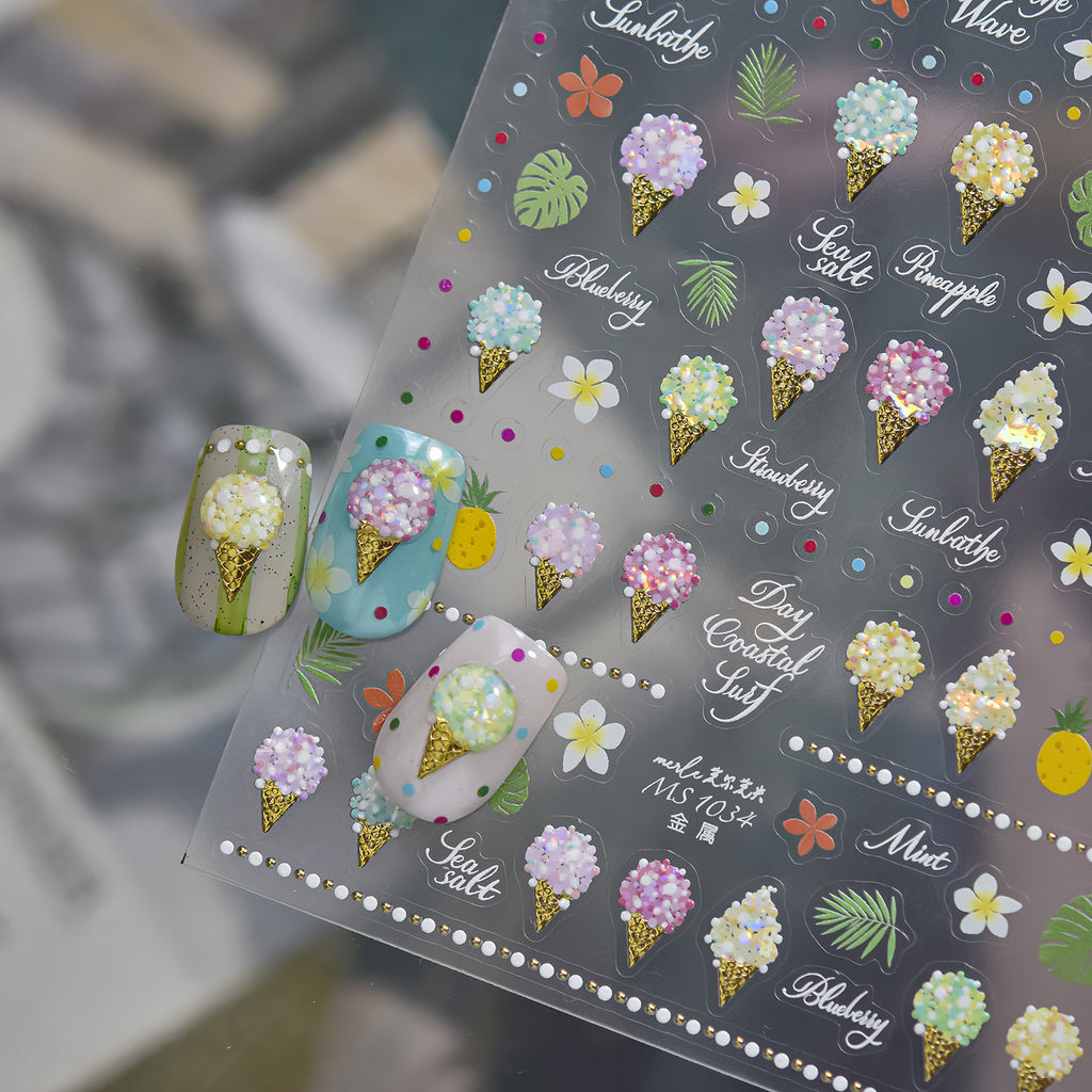 3D Summer Ice Cream & Tropical Nail Stickers - Kawaii Dessert Decals 1034