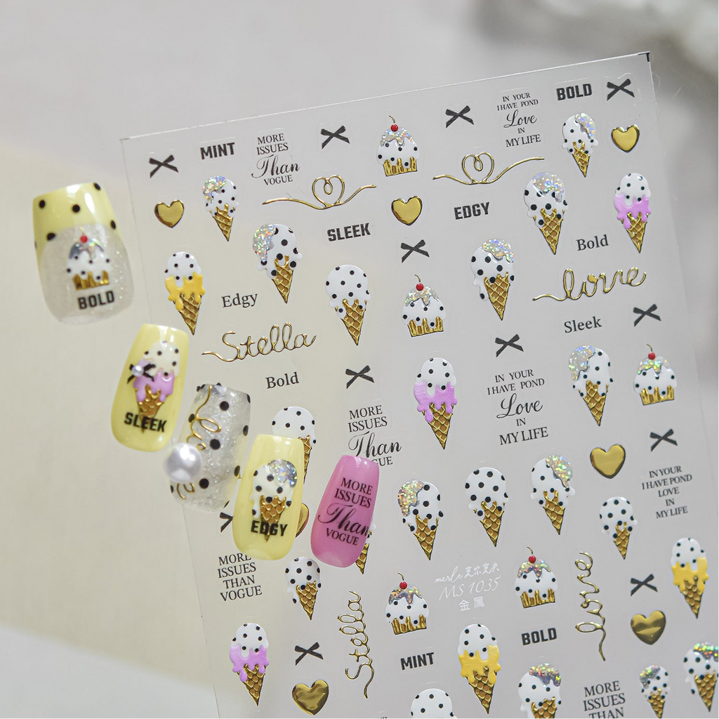 3D Summer Ice Cream & Tropical Nail Stickers - Kawaii Dessert Decals 1034