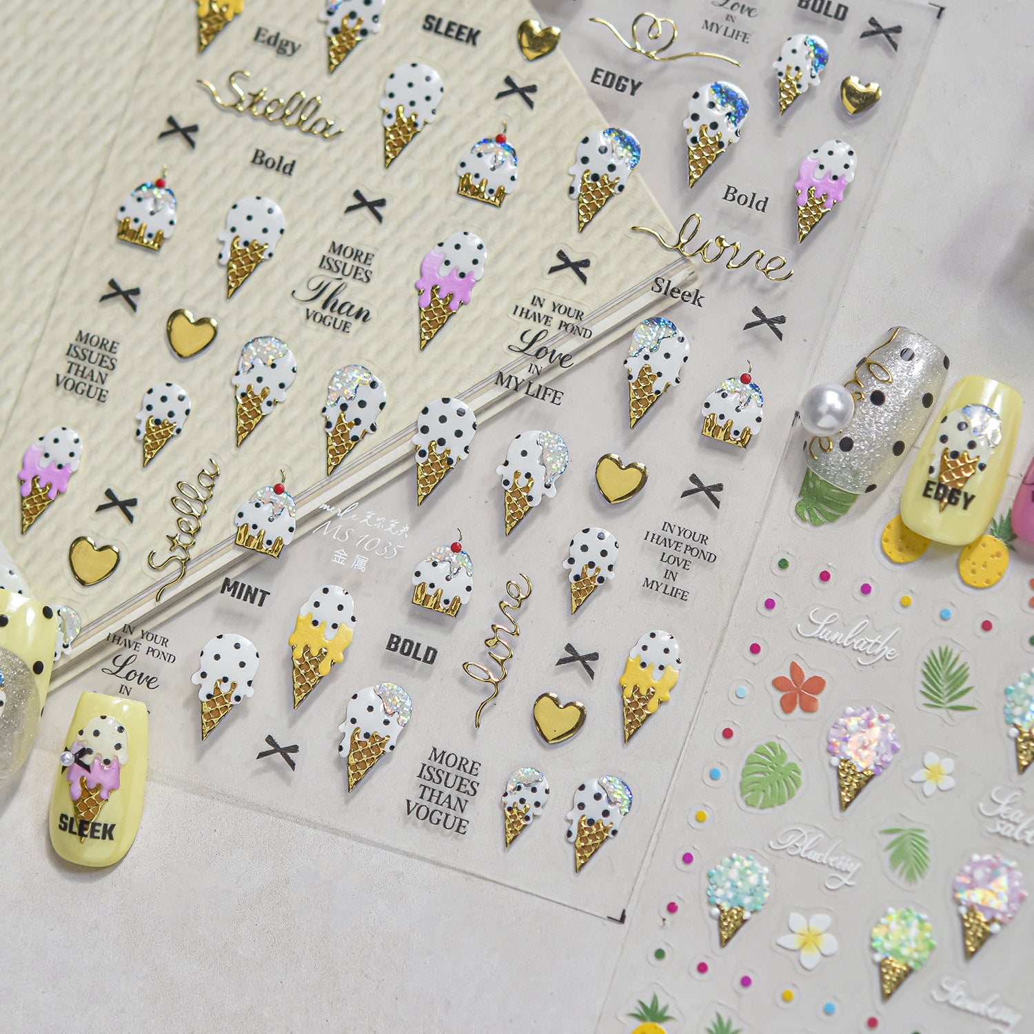 3D Summer Ice Cream & Tropical Nail Stickers - Kawaii Dessert Decals 1034