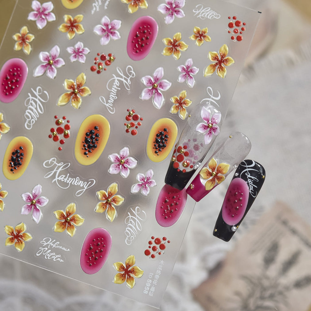 3D Tropical Flower Nail Stickers - Summer Hibiscus & Lily Decals 5958