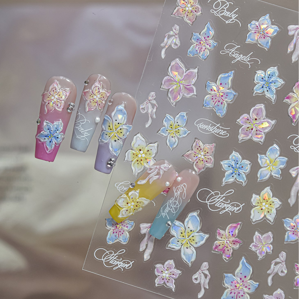 3D Tropical Flower Nail Stickers - Summer Hibiscus & Lily Decals 5958